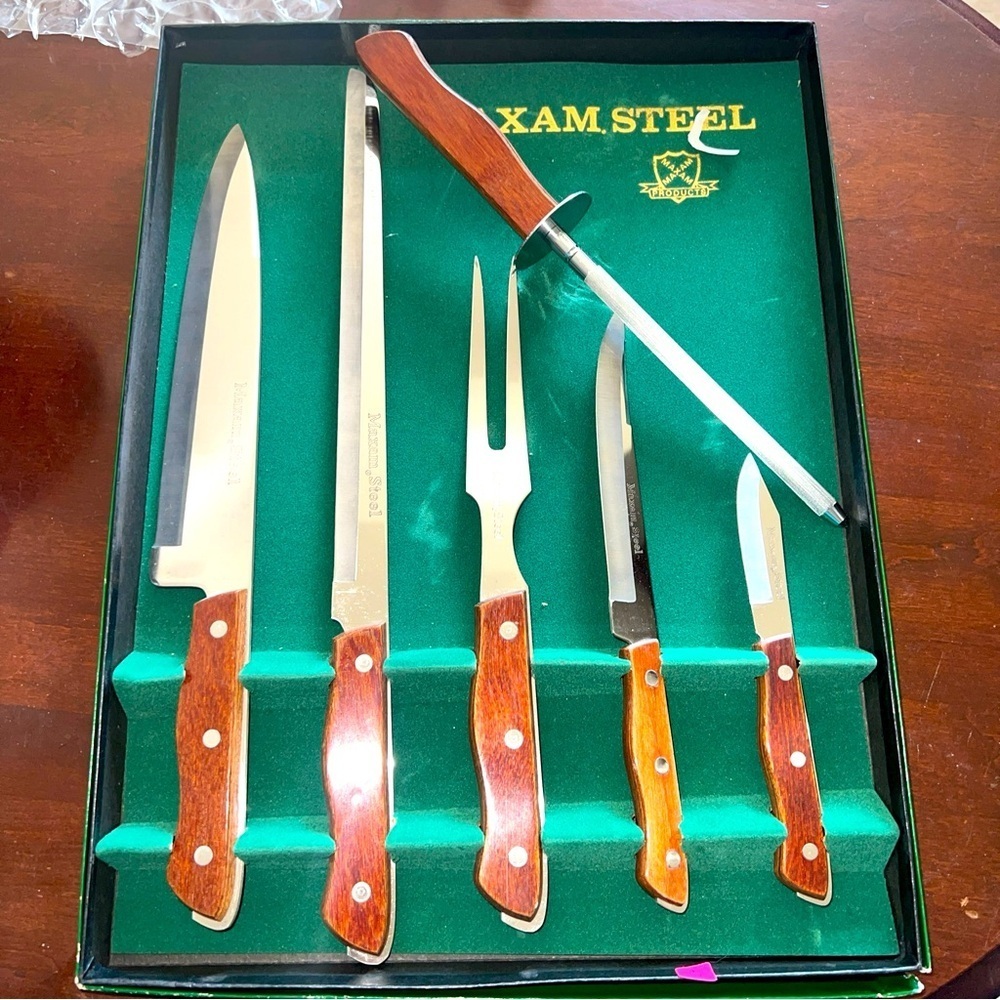 Vintage Set of 5 Wood Handle MAXAM Steel Kitchen Knife Set Plus Bonus Sharpener